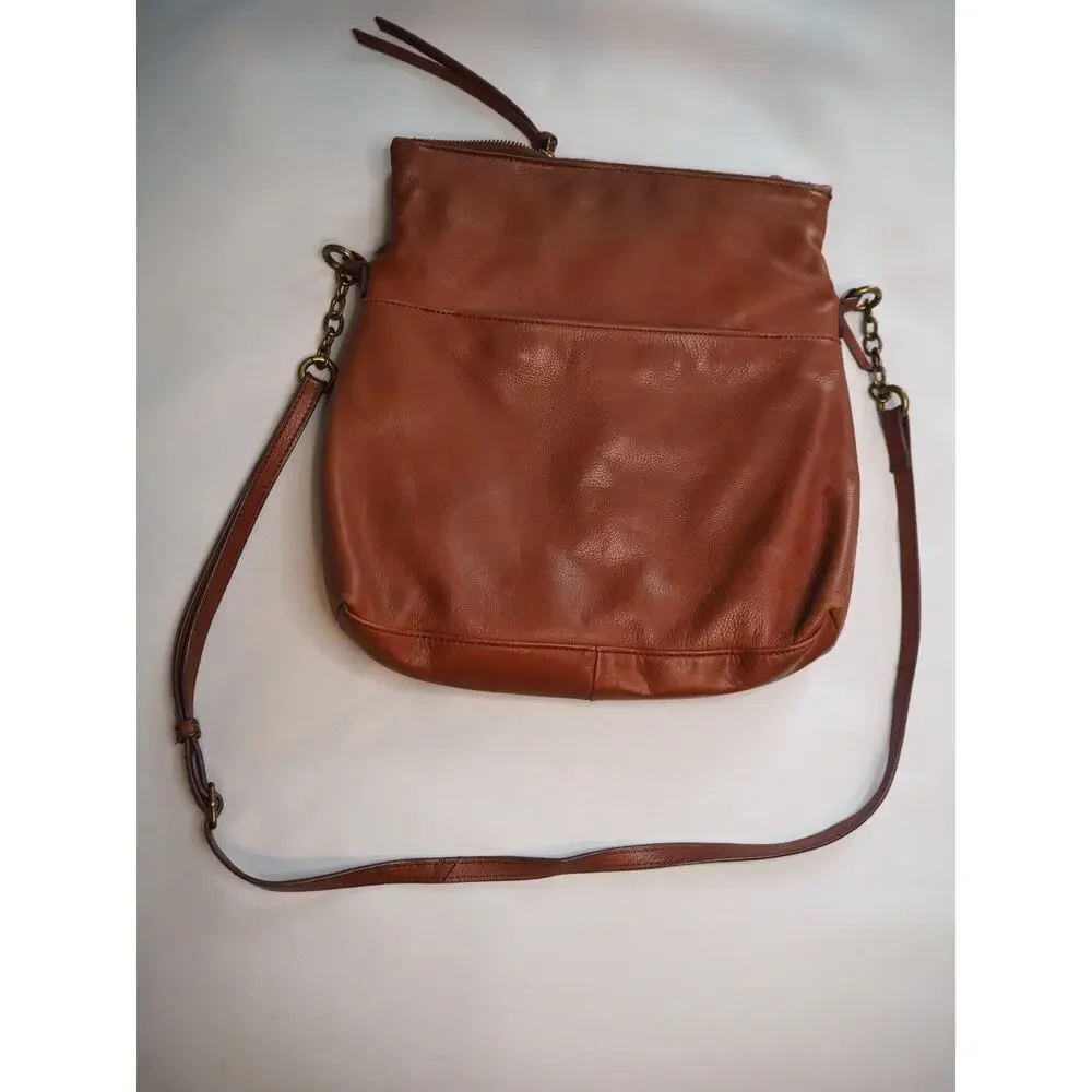Margot New York Cognac Leather Triple Zip Crossbody Hobo Bag 12x13 Brown